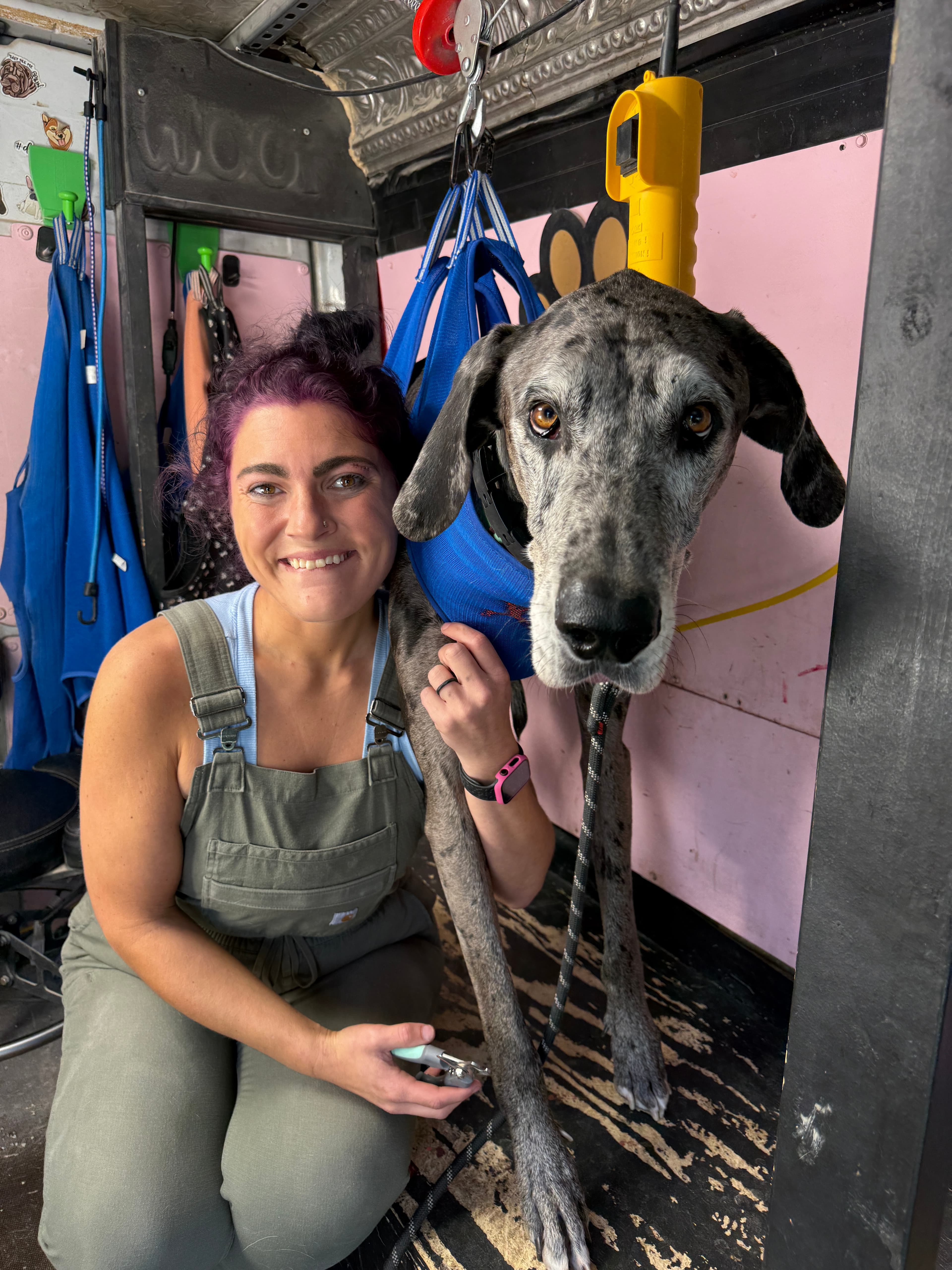 Jamie smiling beside a dog in a grooming sling during a nail trim