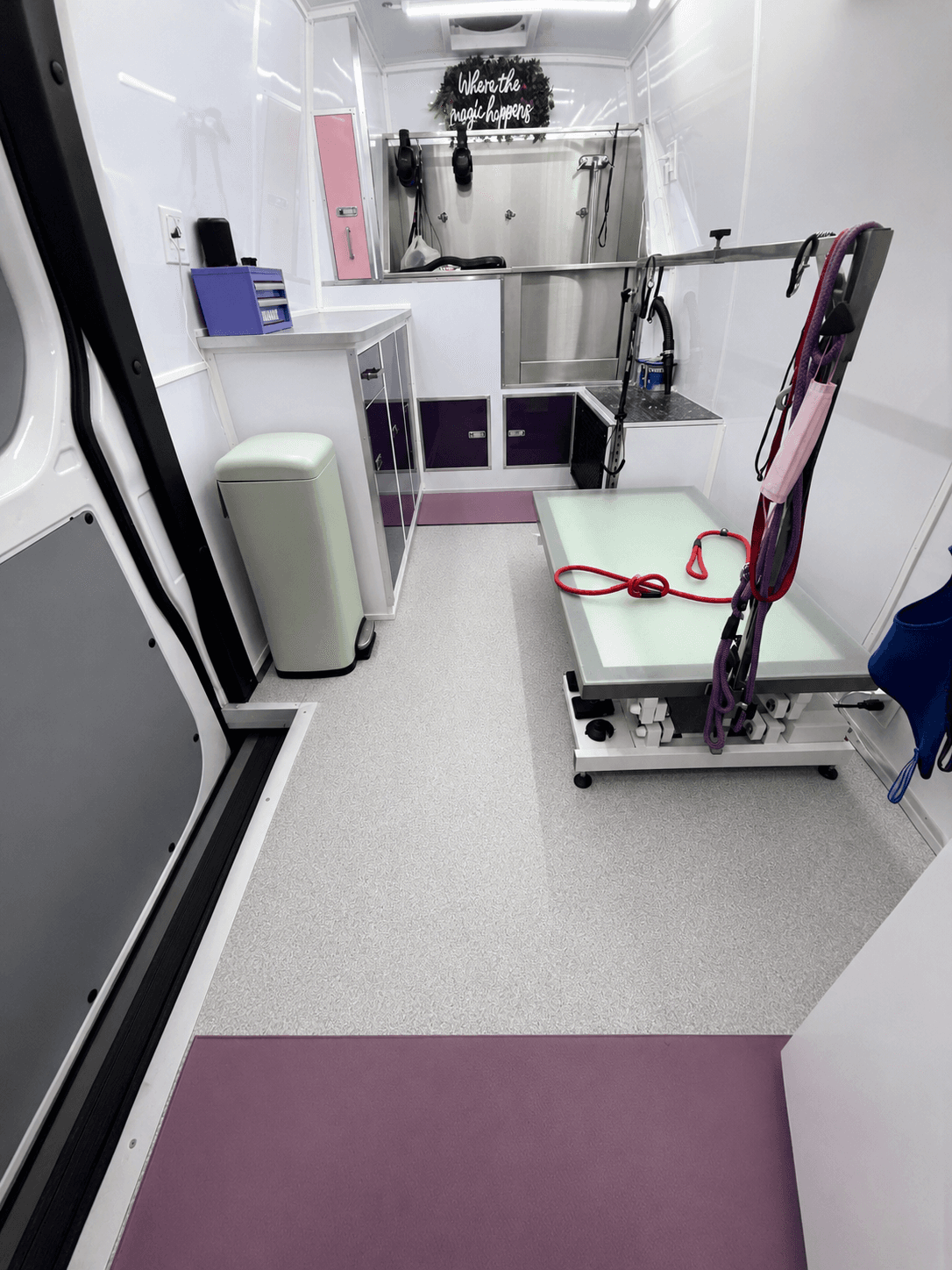 Bright custom-built mobile dog spa interior