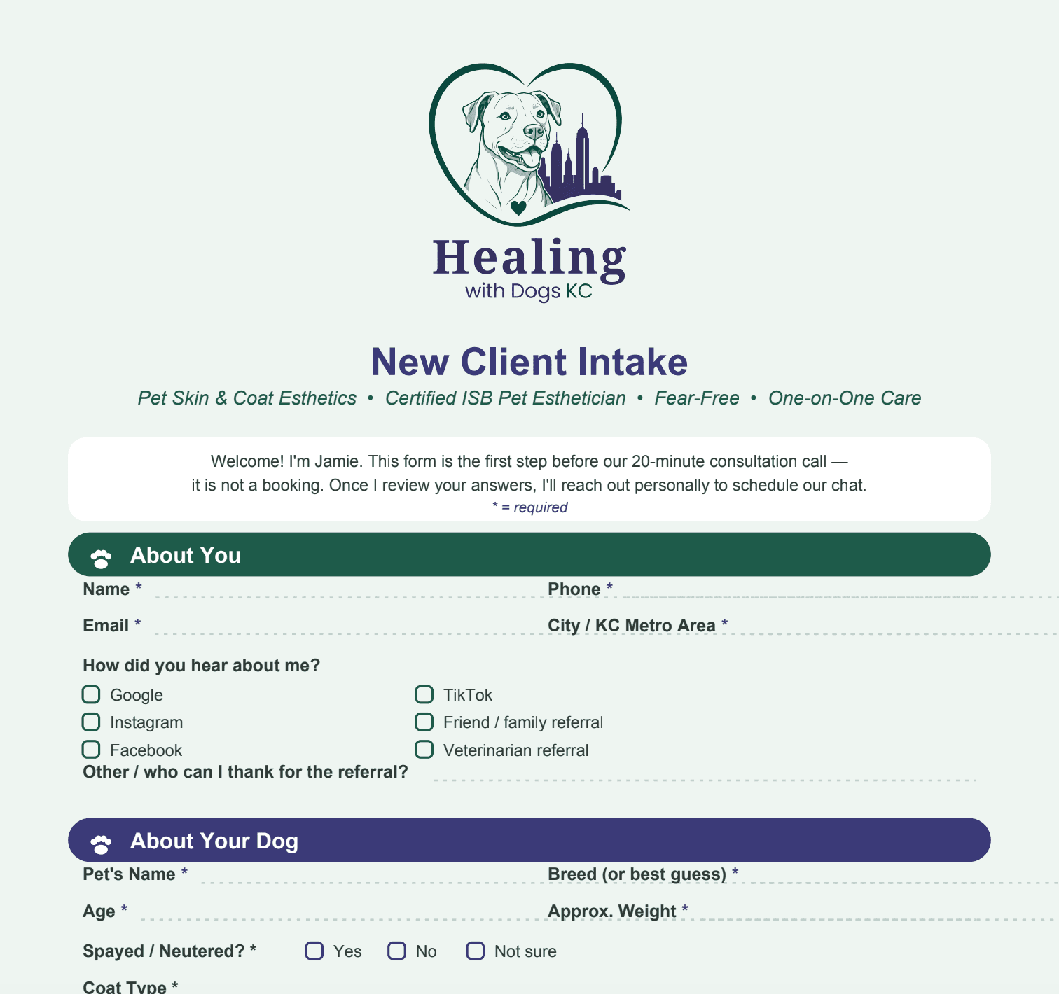 Healing with Dogs KC new client intake form preview